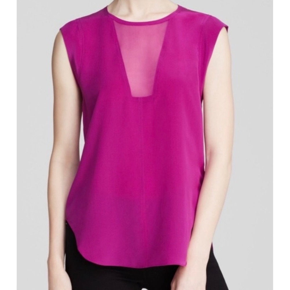 Rebecca Taylor Charlie Blouse Fuchsia 100% Silk Size 4 Sheer Panel